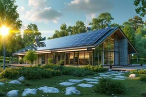 AI generated house with solar panels on a roof by the sun photo