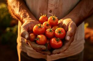 AI generated man's hands holding a bunch of tomatoes near some dirt photo