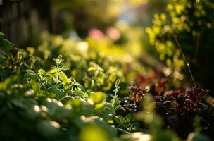 ai generado el hogar jardín es lleno con verde vegetales foto