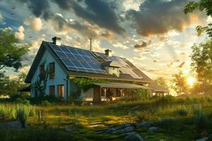 AI generated solar panels on roof of house with an open lawn photo