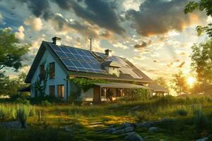 AI generated solar panels on roof of house with an open lawn photo