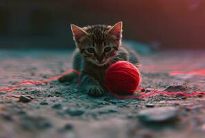 AI generated kitten playing with a red ball of wool photo