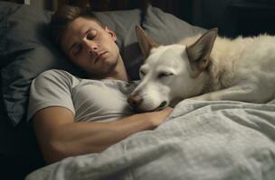 AI generated people sleeping with dog in white bed at home photo