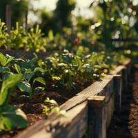 ai generado plantando vegetales en un elevado cama foto