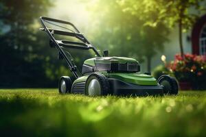 AI generated lawn mower on a green lawn with sunlight in the background photo