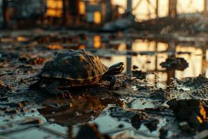 ai generado el Tortuga caminado mediante barro con pesado rieles tendido en el suelo foto