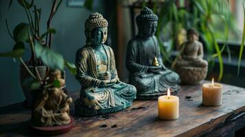 AI generated three statues of buddhas and candle on the table photo