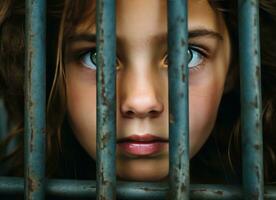 AI generated young girl staring through bars with sad look documentary, colorized photo