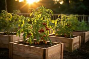 AI generated wooden raised garden boxes with tomato plants at sunset photo