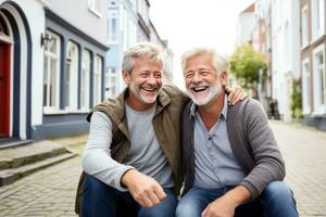 AI generated two older men are smiling in an empty room photo