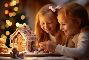 ai generado dos muchachas haciendo pan de jengibre casas para Navidad foto