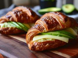 AI generated two croissant sandwiches with avocado and cheese on top photo