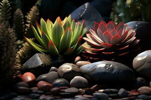 ai generado suculentas y rocas en el jardín foto