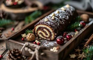 AI generated the christmas rolled cake with chocolate and nuts on a rustic wooden tray, photo