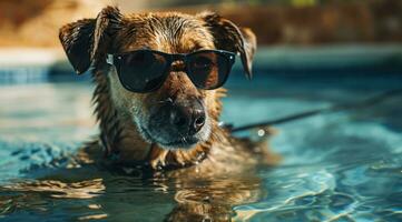 ai generado Gafas de sol gratis perro en nadando piscina foto