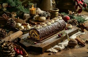 AI generated the christmas rolled cake with chocolate and nuts on a rustic wooden tray, photo