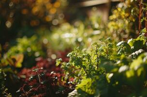 ai generado el hogar jardín es lleno con verde vegetales foto