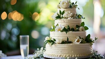 AI generated Three-tiered white wedding cake decorated with flowers and green leaves photo