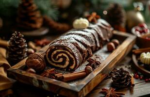 AI generated the christmas rolled cake with chocolate and nuts on a rustic wooden tray, photo