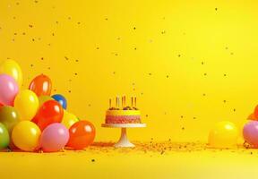 AI generated party table isolated on yellow background with colorful balloons around, photo