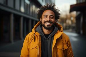 ai generado un negro hombre quien es sonriente es en pie foto