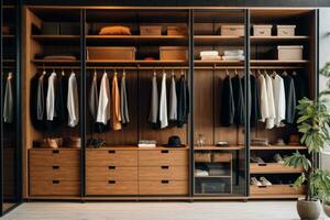 AI generated wardrobe with storage space including and shirts and dress shirts in one room photo