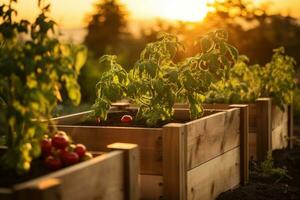 ai generado de madera elevado jardín cajas con tomate plantas a puesta de sol foto