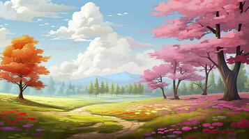 AI generated Spring season with colorful flowers and trees in a pretty meadow or field. AI Generated. photo