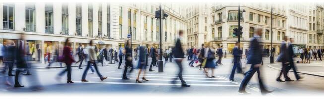 ai generado caminando personas difuminar. un montón de personas caminar en el ciudad de Londres. amplio panorámico ver de personas cruce el la carretera. ai generado foto