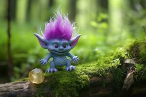 AI generated Tale troll with crystals in the forest, natural green background. Generative AI photo