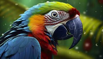 ai generado tropical guacamayo encaramado, vibrante plumas en enfocar. generativo ai foto