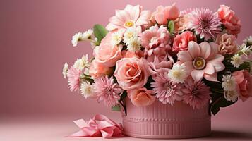 AI generated A beautifully arranged bouquet of spring flowers in a basket on a pastel pink photo