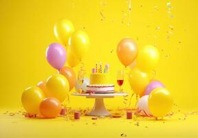 AI generated party table isolated on yellow background with colorful balloons around, photo