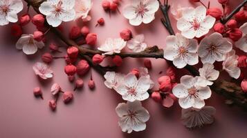 AI generated spring sakura background with copy space photo