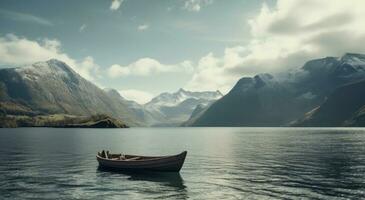 AI generated small boat on the lake in front of mountains photo