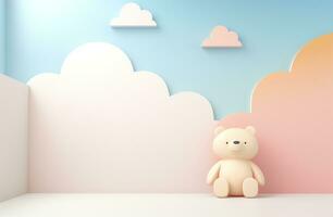 AI generated pink and blue wall and cloud white bear, photo