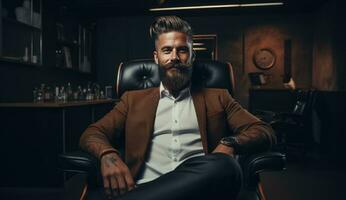 ai generado inteligente empresario en un Barbero comercio, foto