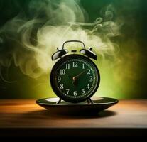 AI generated green alarm clock with smoke on background photo