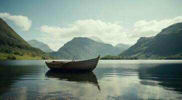 AI generated small boat on the lake in front of mountains photo