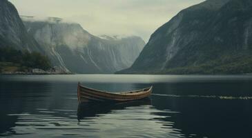 AI generated small boat on the lake in front of mountains photo