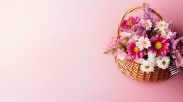 AI generated A beautifully arranged bouquet of spring flowers in a basket on a pastel pink photo