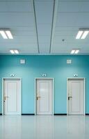 AI generated three blue and white doors in an empty office space, photo