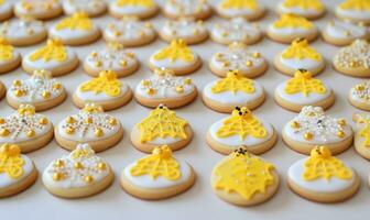 ai generado azúcar, Galleta decoraciones con pequeño amarillo decoraciones foto