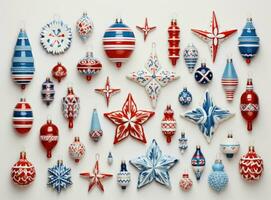 AI generated the image is of a pattern of various christmas decorations, red and blue, photo