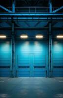 AI generated three blue garage doors are shown in the middle of the space, industrial design, photo