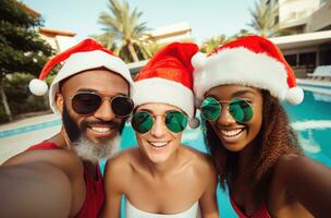 ai generado Tres amigos tomando selfies con Papa Noel sombreros, foto