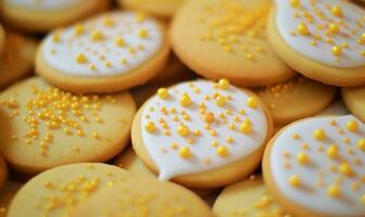 AI generated sugar, cookie decorations with small yellow decorations photo