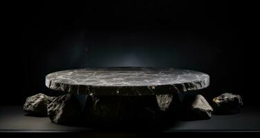 AI generated stone table in space with black background photo