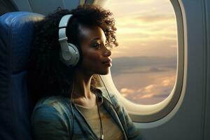 ai generado mujer mirando fuera ventana de avión vistiendo auriculares, foto