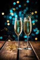 AI generated two glasses of champagne and confetti on wooden table photo